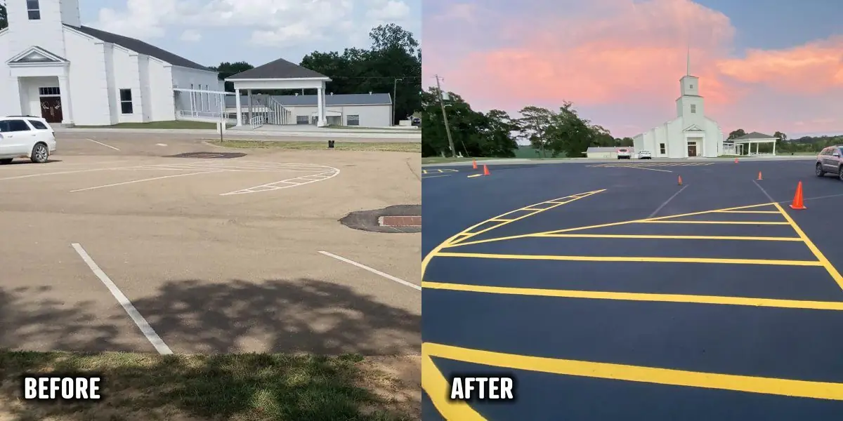 PavePro sealcoating work in progress on a Mississippi parking lot.